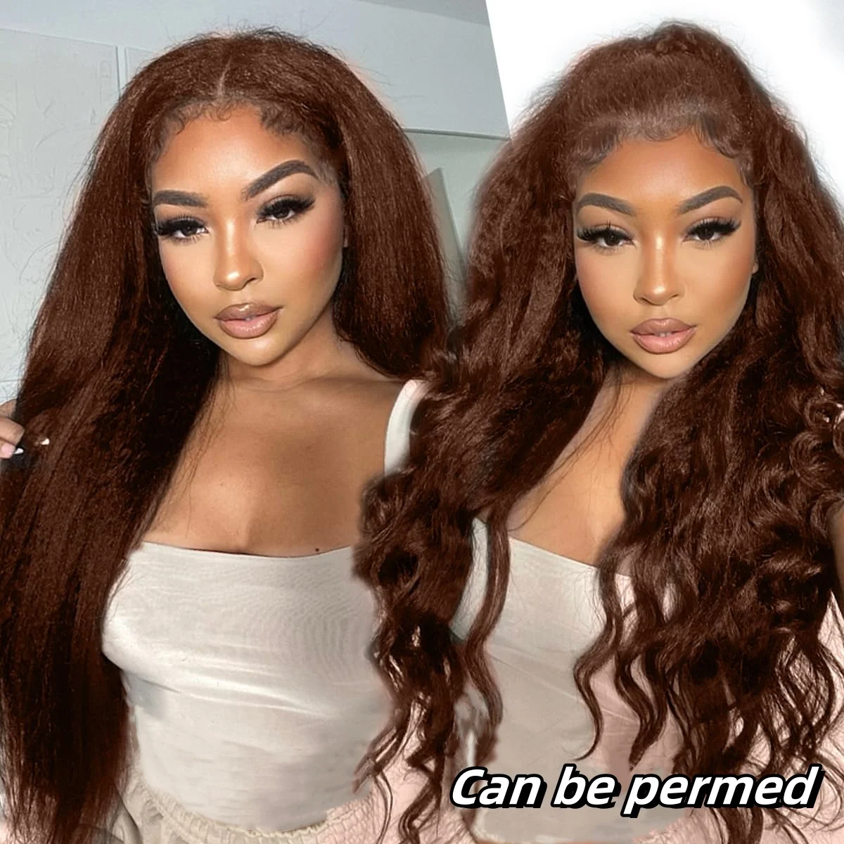 วิกผมแท้สีน้ำตาลช็อกโกแลตแบบตรงหยิก ความหนาแน่น 180% วิกผมหน้าผากลูกไม้ 13x6 ลูกไม้โปร่งใสพร้อมไรผมธรรมชาติ 32 นิ้ว