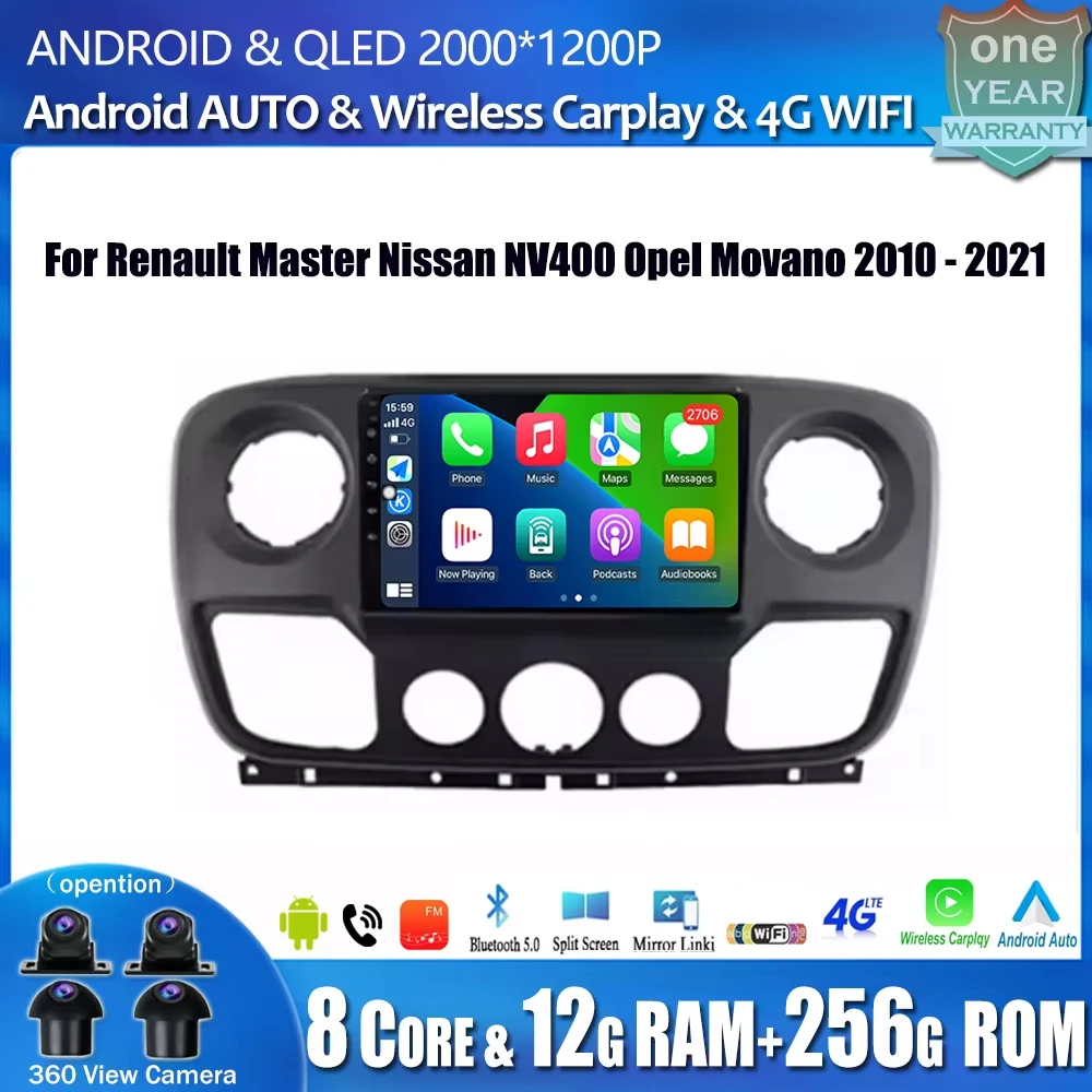 

Автомагнитола для Renault Master, Nissan NV400, Opel, Movano 2010-2021, 4G, Android, Carplay, GPS-навигация, мультимедийный видеоплеер