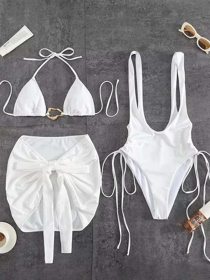 Vzvn Sexy Solid Laced Up Bikinis Women Split Swimsuit Beach Vacation Bikini 2026 New All Season One Piece Swimsuit 3 Piece Set