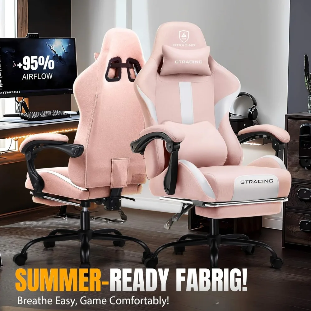 كرسي ألعاب مريح عالي الظهر مع مسند للقدمين ووسادة زنبركية للجيب، قماش مسامي للاستخدام المريح في مكتب المكتب المنزلي