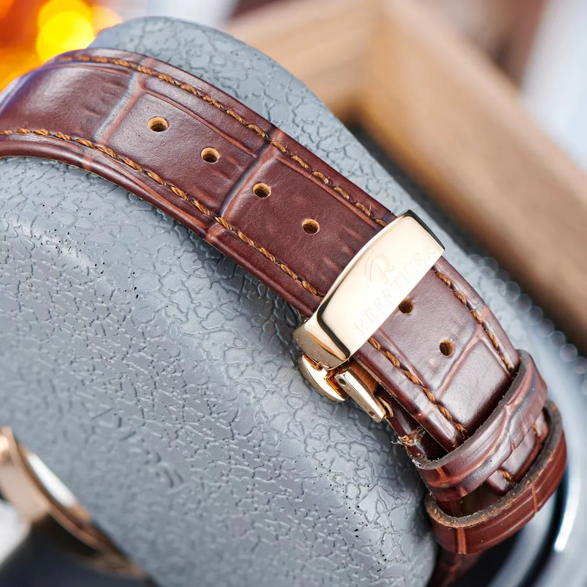 نمر الشعاب المرجانية-ساعة ميكانيكية أوتوماتيكية للرجال ، ماس ذهبي وردي ، حزام جلد بني ، أزياء أعمال متعددة الوظائف ، RT