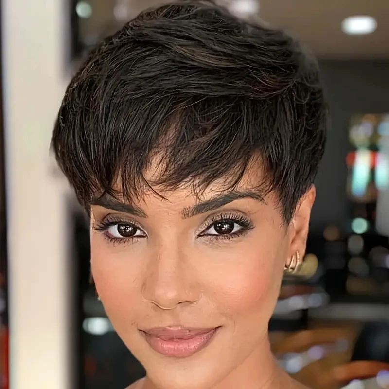 ショートストレートボブウィッグピクシーカットウィッグ人毛女性のための前髪髪フルマシンメイド