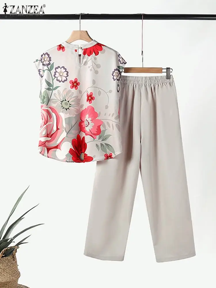 ZANZEA-Fato de treino estampado floral boêmio para mulheres, calças vintage, conjuntos combinando, roupas de férias, verão, 2 peças