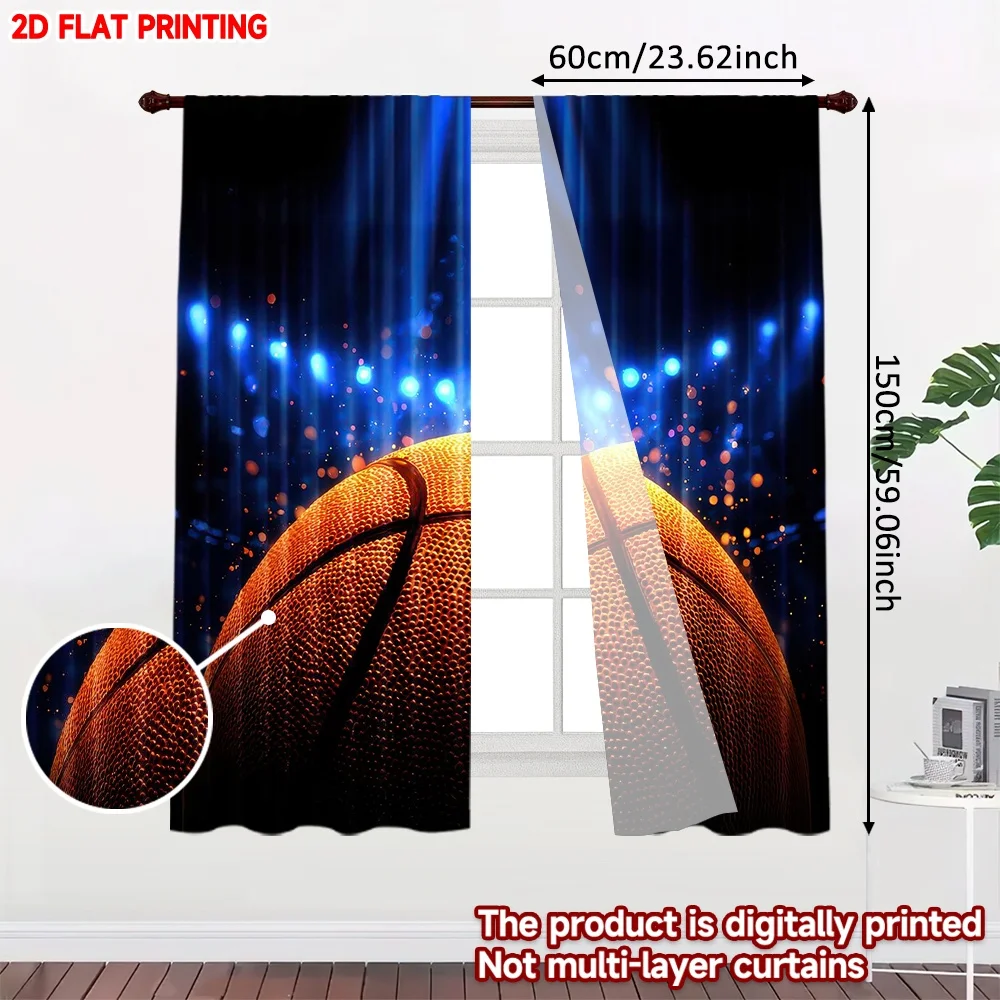 2D flat printing 2pcs Curtain Curtain Basketball Under Spotlights Digital Printed Polyester Drapes Festive Curtains Perfect for