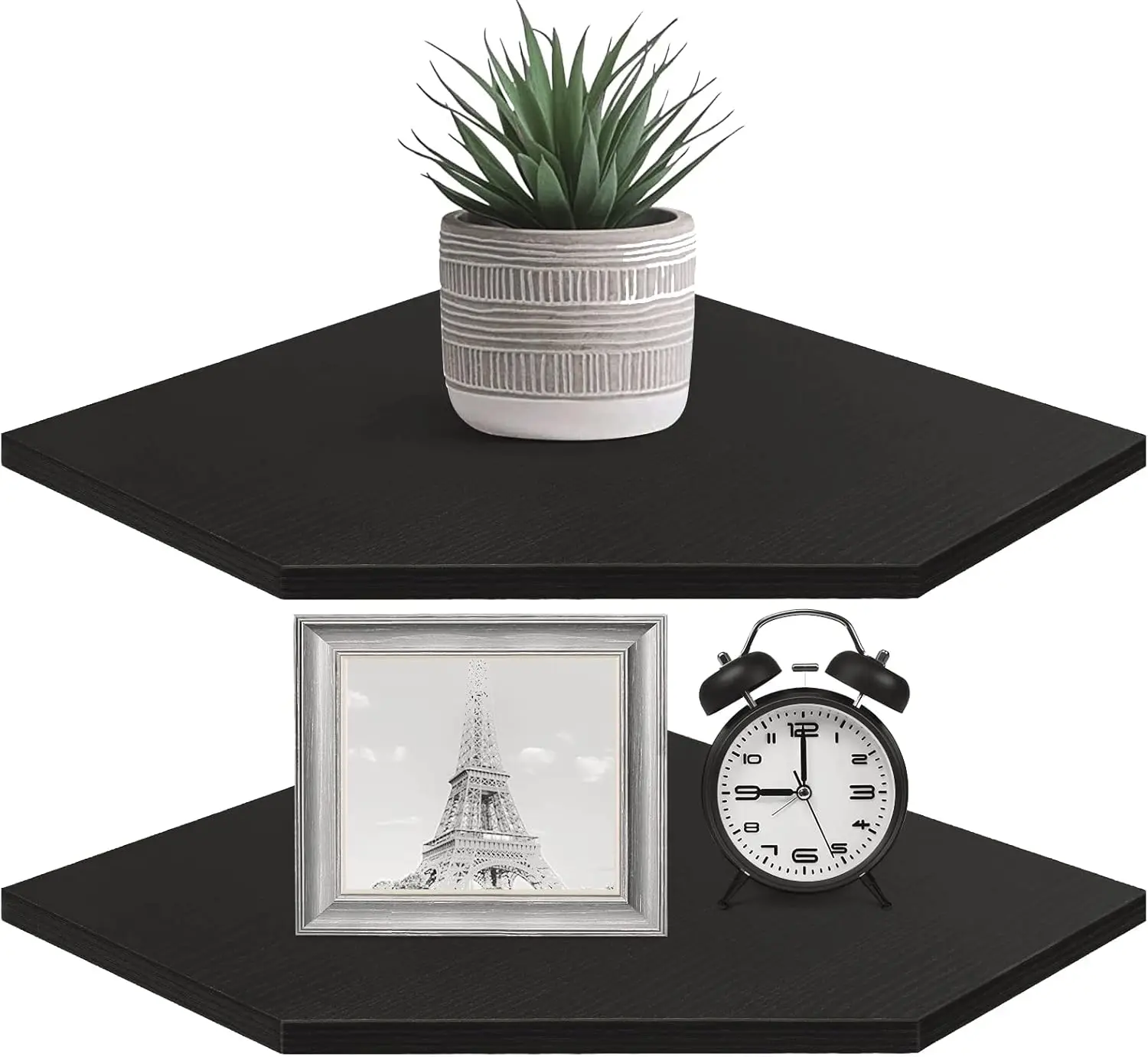 

Set of 2 Corner Floating Shelves with Wire Hole, Black Wood Wall Mount for TV, Cable Box, Bathroom, Kitchen, Living Room