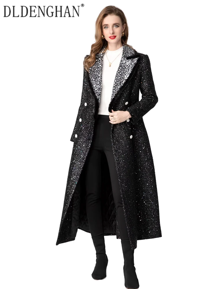 

DLDENGHAN женская двубортная твидовая куртка с кристаллами и блестками, отложным воротником и длинными рукавами, уличная верхняя одежда