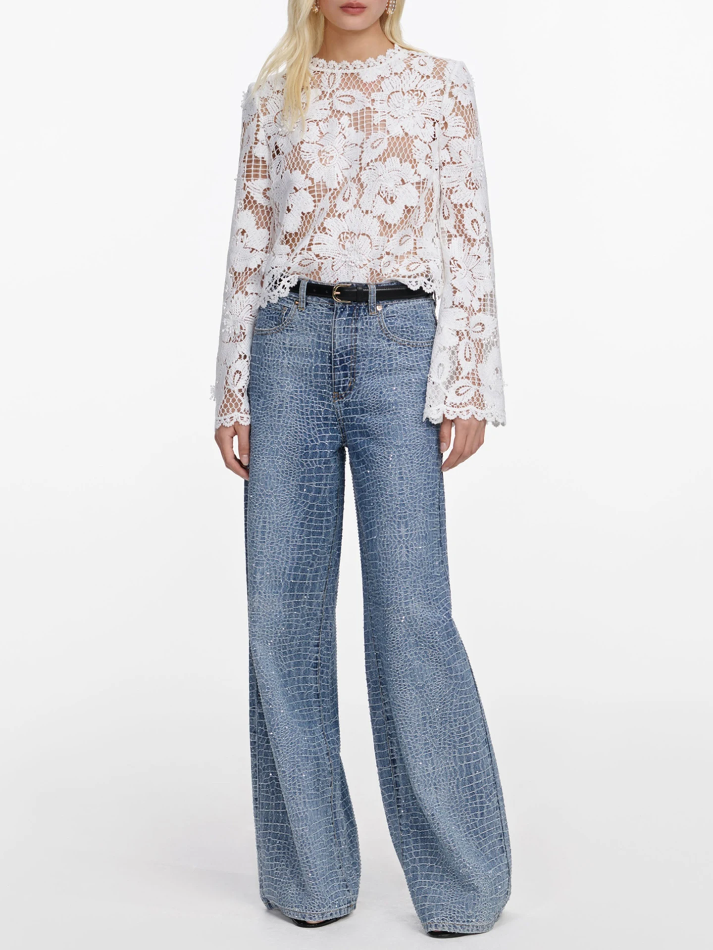 

High Waist Wide Leg Denim Jeans Women's Spring Summer Glitter SP Home South Oil High End Fashion Casual Commute All Seasons