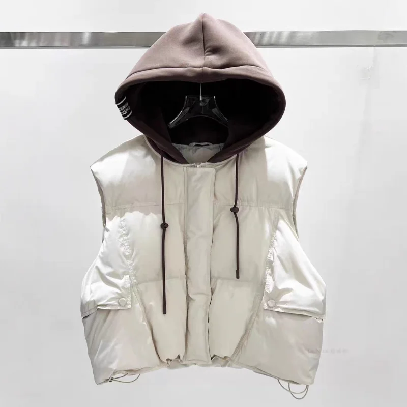 

Women's Down Jacket 2025 Fall/Winter New Arrival Fashion Streetwear Commuter Hooded Sweatshirt Patchwork Vest Women's Waistcoat