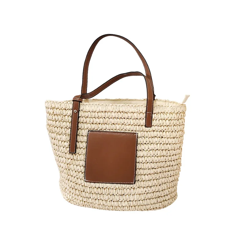 Straw Handbag Basket Female Fashion Trendy Simple Bucket Beach Bag Hand-woven Straw Woven Bag Travel Picnic Woven Basket