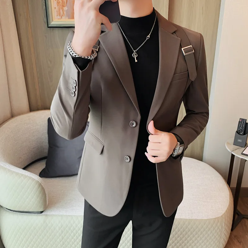 Brand Autumn Winter Strap Decoration Suit Jacket for Men Slim Fit Casual Business Blazers Fashion Wedding Groom Social Coat 2023