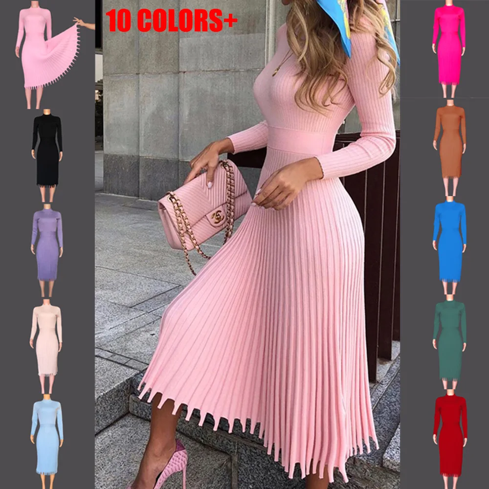 

VOLALO Elegant Party Pleated Sweater Dress Women 2024 Winter Autumn Pink Office Ladies Midi Knitted Vestido Sexy Slim Dresses