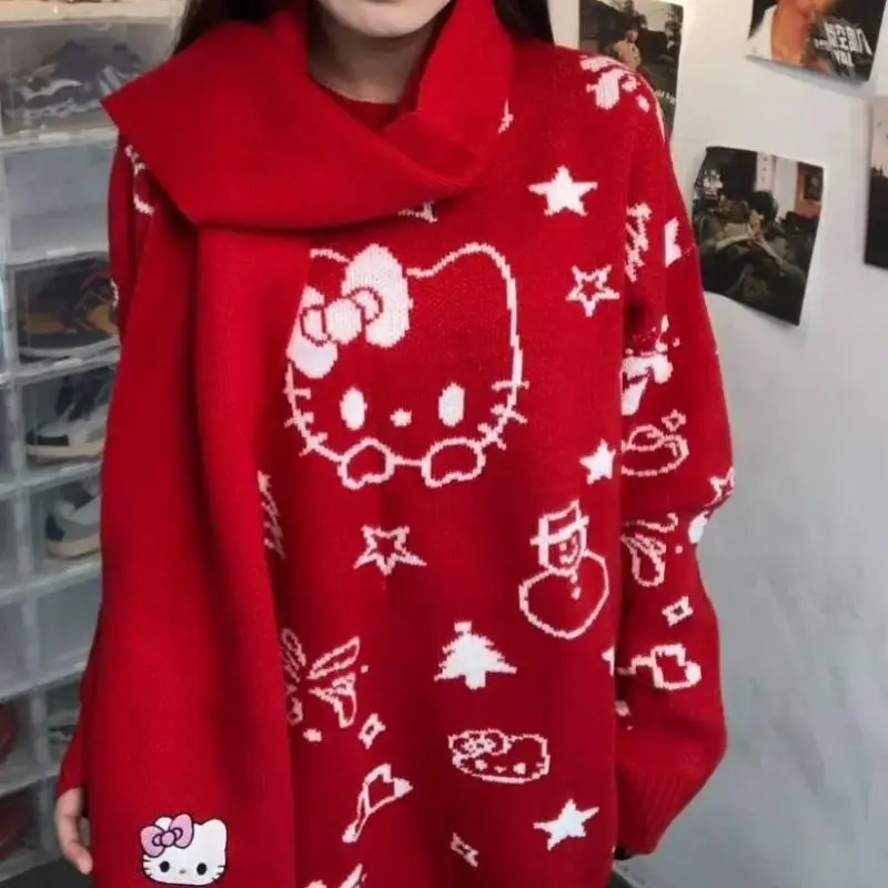 Kawaii Hello Kitty Sweater Scarf Sanrio Kitty Cat Autumn Winter Lazy Style Loose Round Neck Pullovers Sweet Knitted Long Sleeve