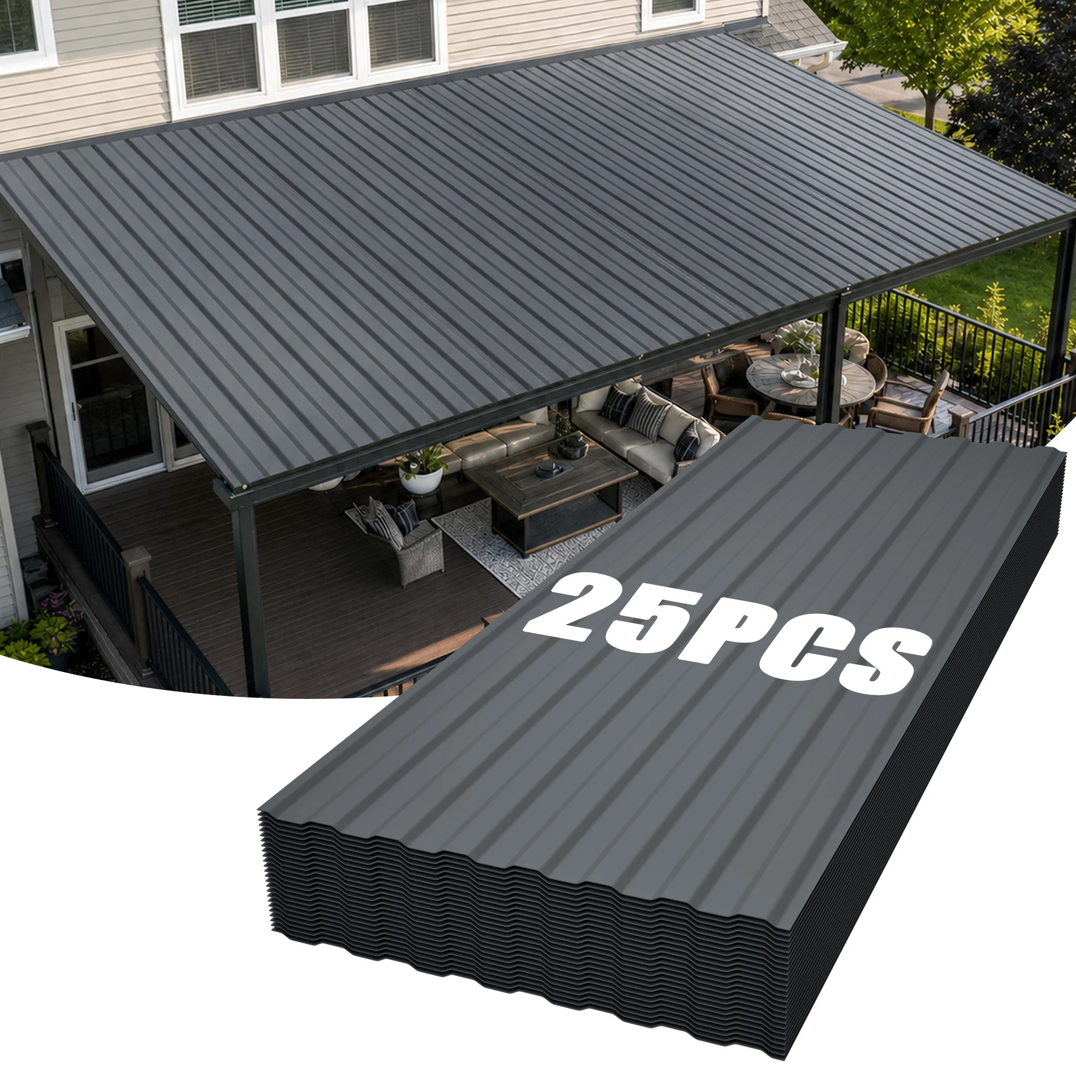 25 Pieces PVC Roof Panels Dark Gray Corrugated Roofing Sheets With Screws Washers Easy Install For Patio Awning Shed Carport