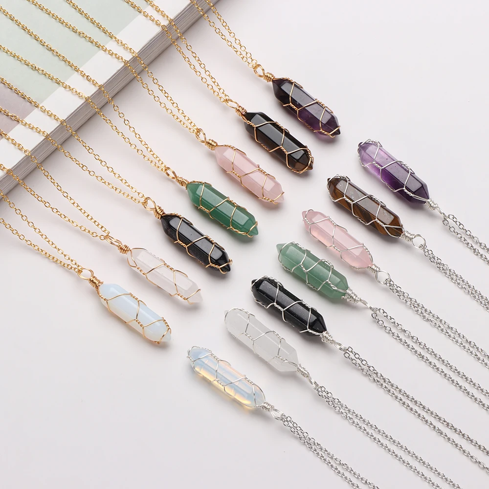 2022 Hexagonal Cylindrical Crystal Necklace Natural Stone Pendant Wire Wrap Stone Necklace for Women Men Fashion Jewelry