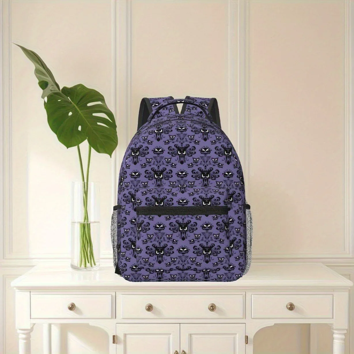Custom Bag A Stylish Backpack Featuring A Halloween Haunted Mansion Design, Made From Lightweight And Durable Material. It Inclu