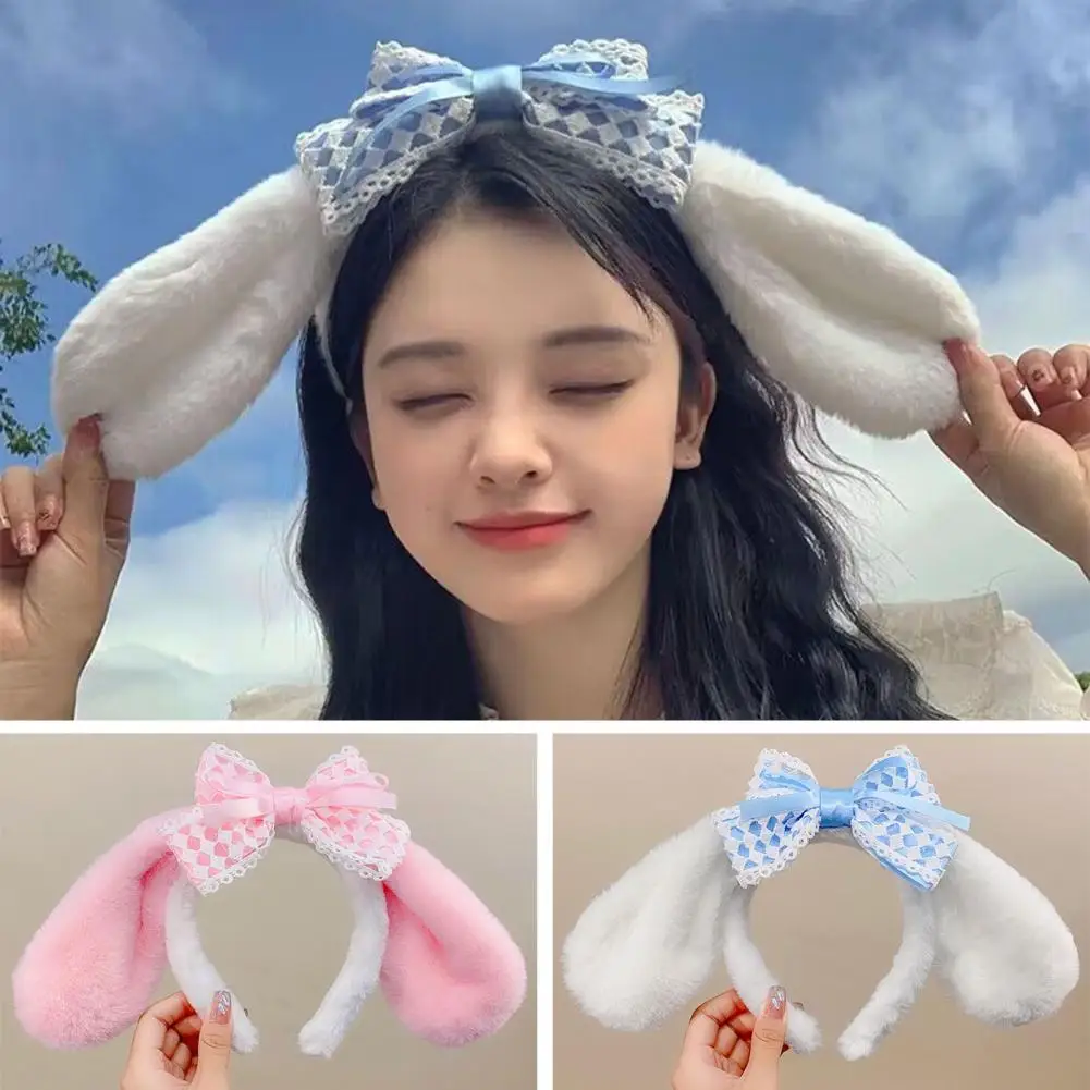 Cute Bunny Headband Lace Bow Hairband with Long Cartoon Ears for Women Cute Lolita Style Headband for Cosplay Prom Halloween