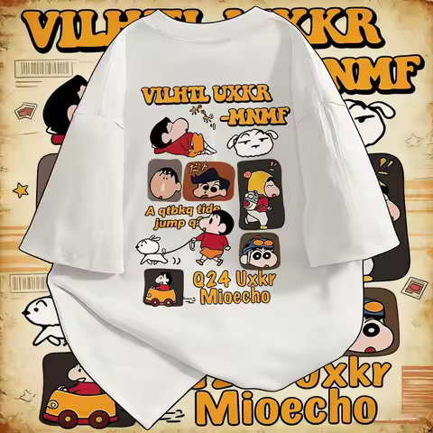 2026 Summer Multi-grid Comic Form Crayon Small New Image 100% Cotton Printed Oversize T-shirt Adult Children Parent-child Top