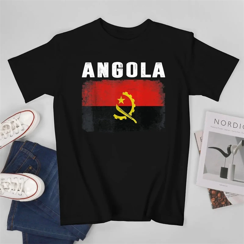 Summer New Africa National Flag Angola Graphic Print O Neck Short-sleeved Daily Casual Oversized Fashion Men\'s Street Tee Shirts