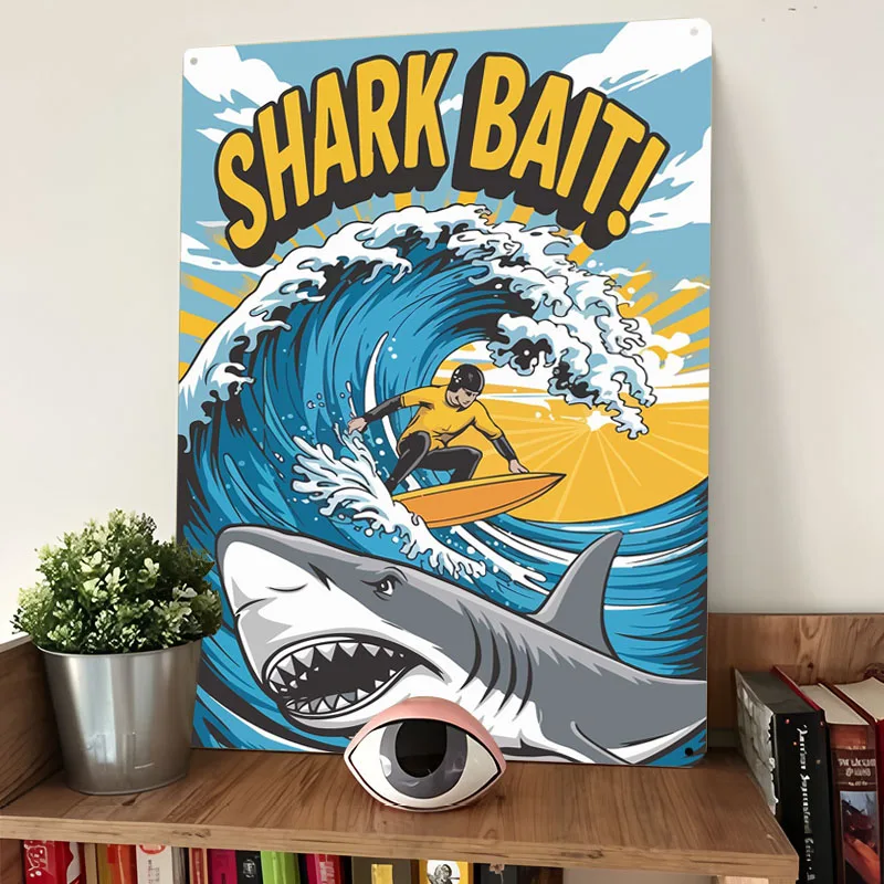 Shark Bait Surfer Metal Poster Coffee Bar Accessories Customizable Metal Tin Signs for Wall Art Decoration Home Decor Retro Room