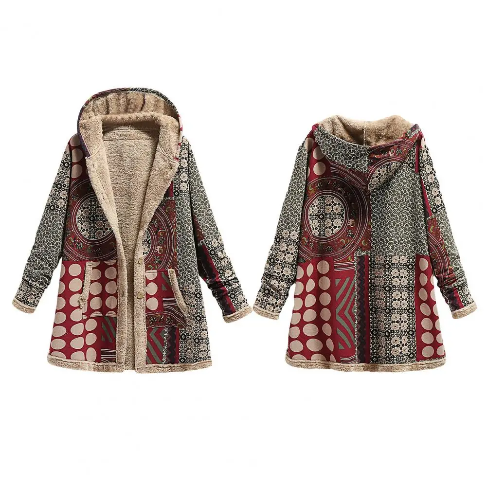 Useful Ladies Outwear Portable Long Coat Single Breasted Ethnic Pattern Winter Coat  Skin-friendly