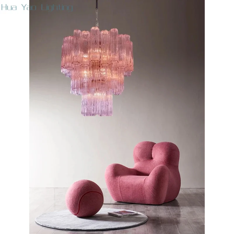 Transform Your Living Room With Our French E14 Pink Glass Tube Chandelier Elegant Design Gold Silver Hardware Dimming Function