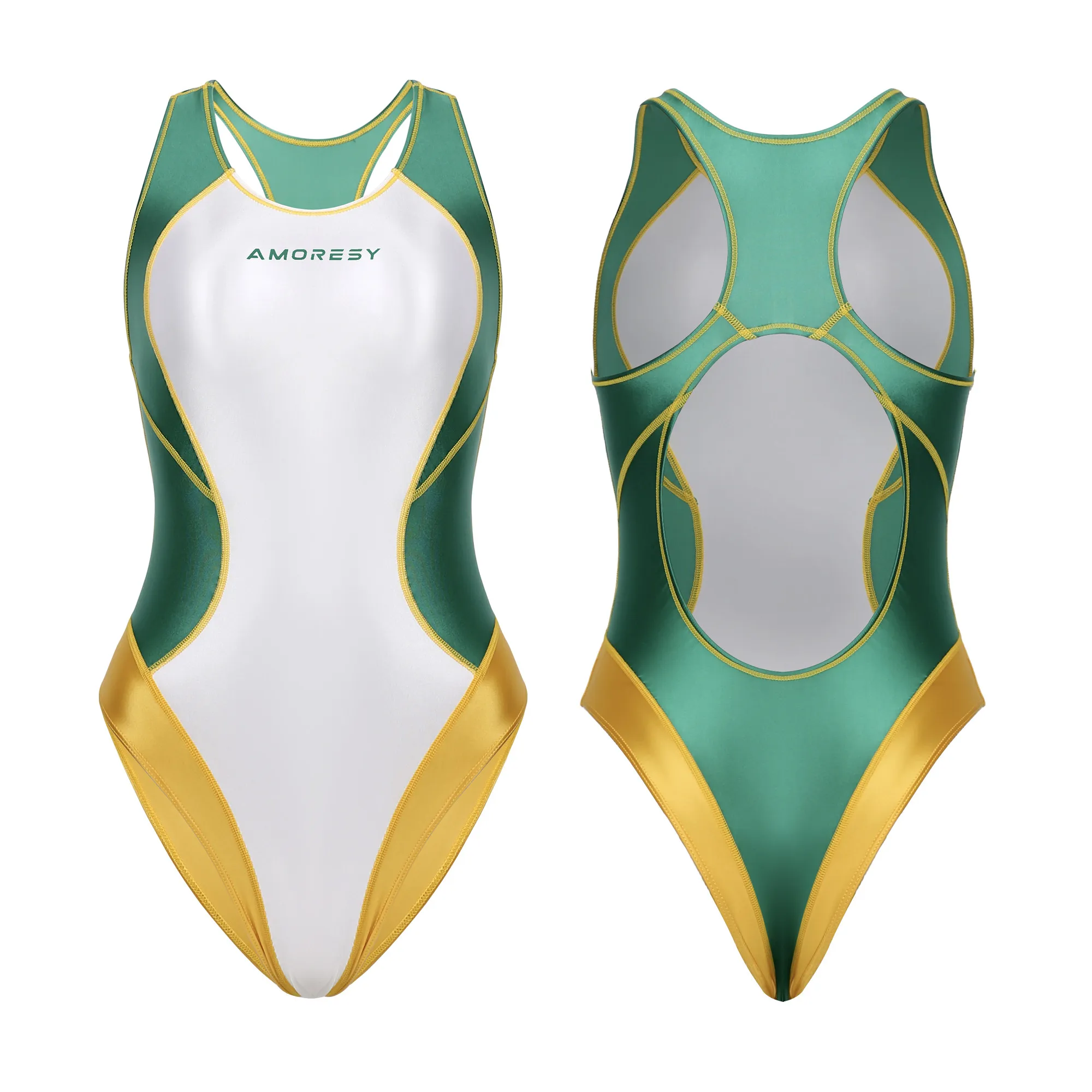 AMORESY Damen Hot Spring Glänzender Öl-Patchwork-Spandex-Body Rückenfreier Sanduhr-Leotard Einteiliger Badeanzug Wettkampf-Schwimmanzug – Detail 29