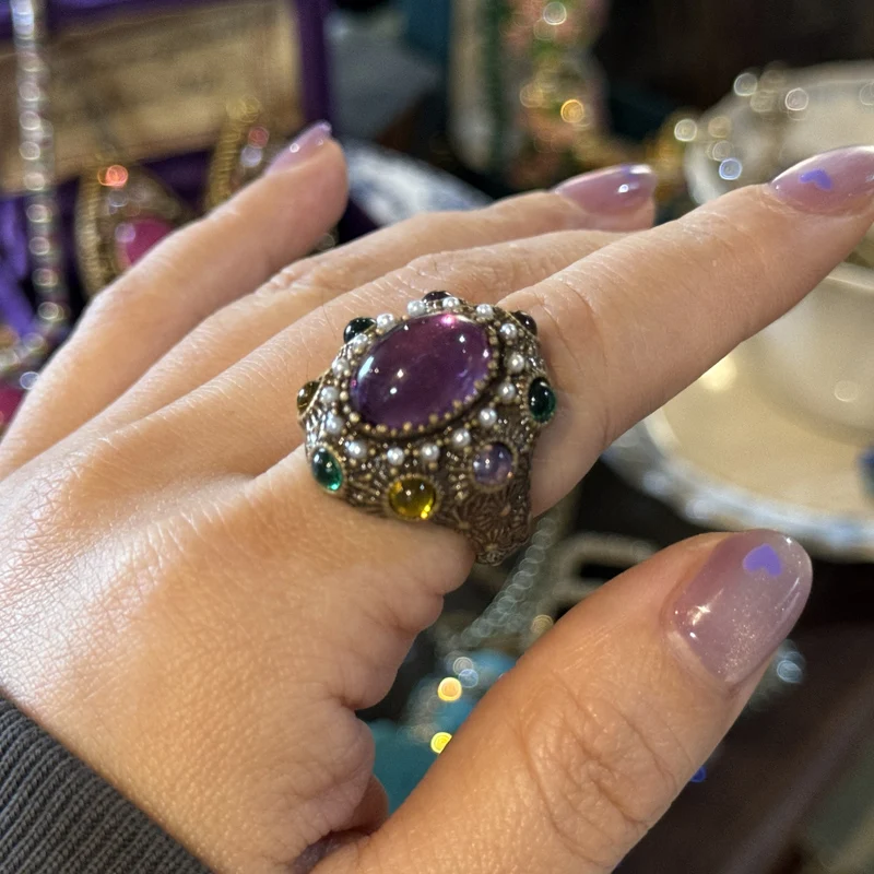 18K Gold-Plated Vintage Baroque Oval Ring - Crystal & Pearl Cluster Decorative Ring for Women Formal Occasions Jewelry Gift