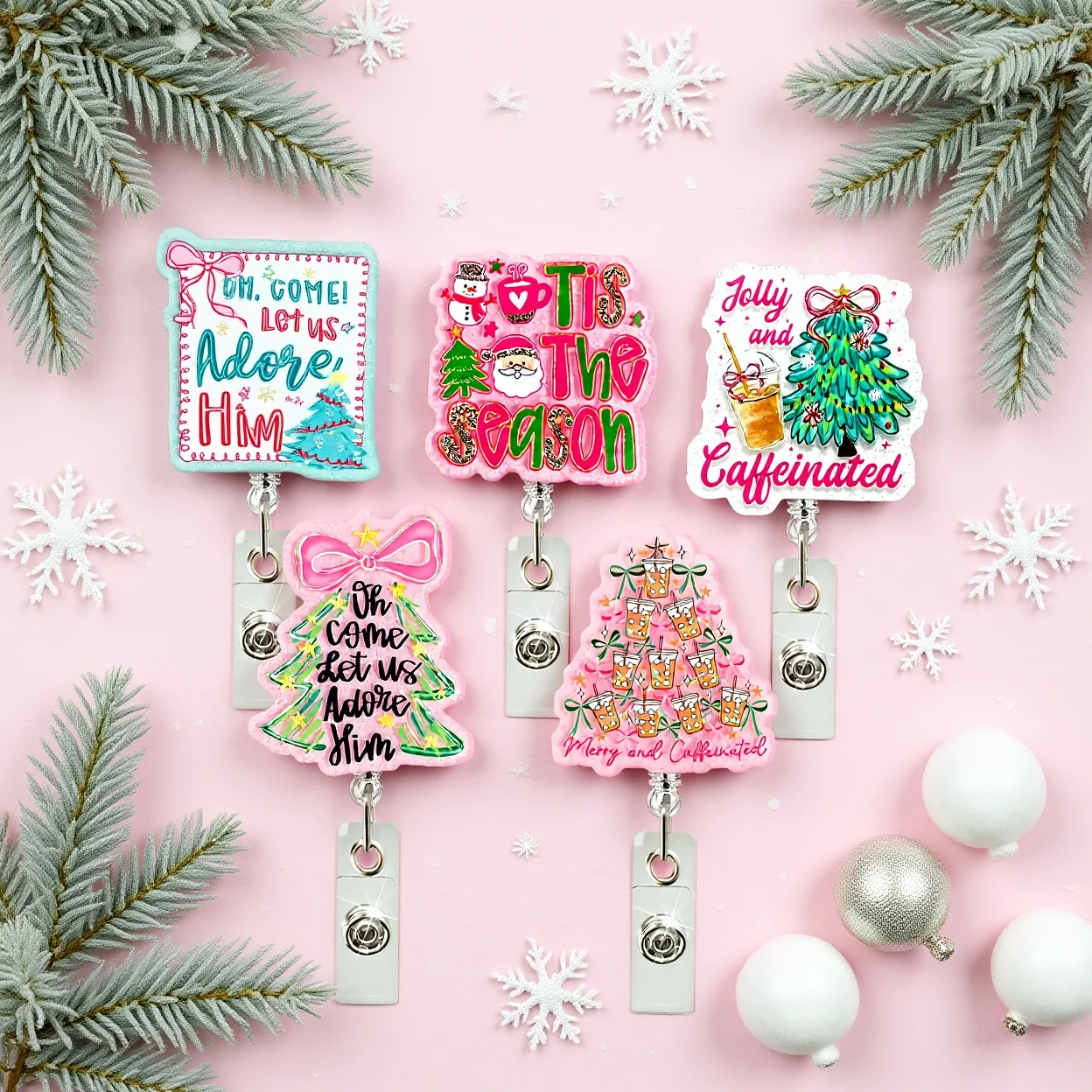 Christmas Id Holder Acrylic Holiday Id Holder Retractable Id Badge Clip Christmas Themed  Staff Badge Reel For Friends