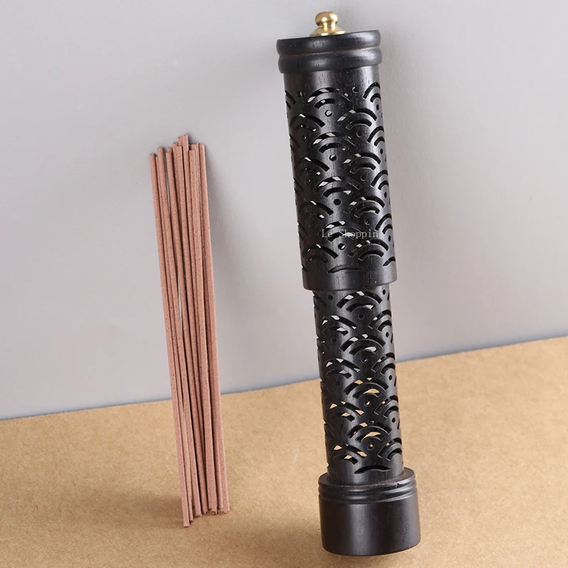 Hollow Out Vertical Incense Stick Burner Black Sandalwood Retro Retractable Backflow Incense Tube Home Tea Room Zen Decoration