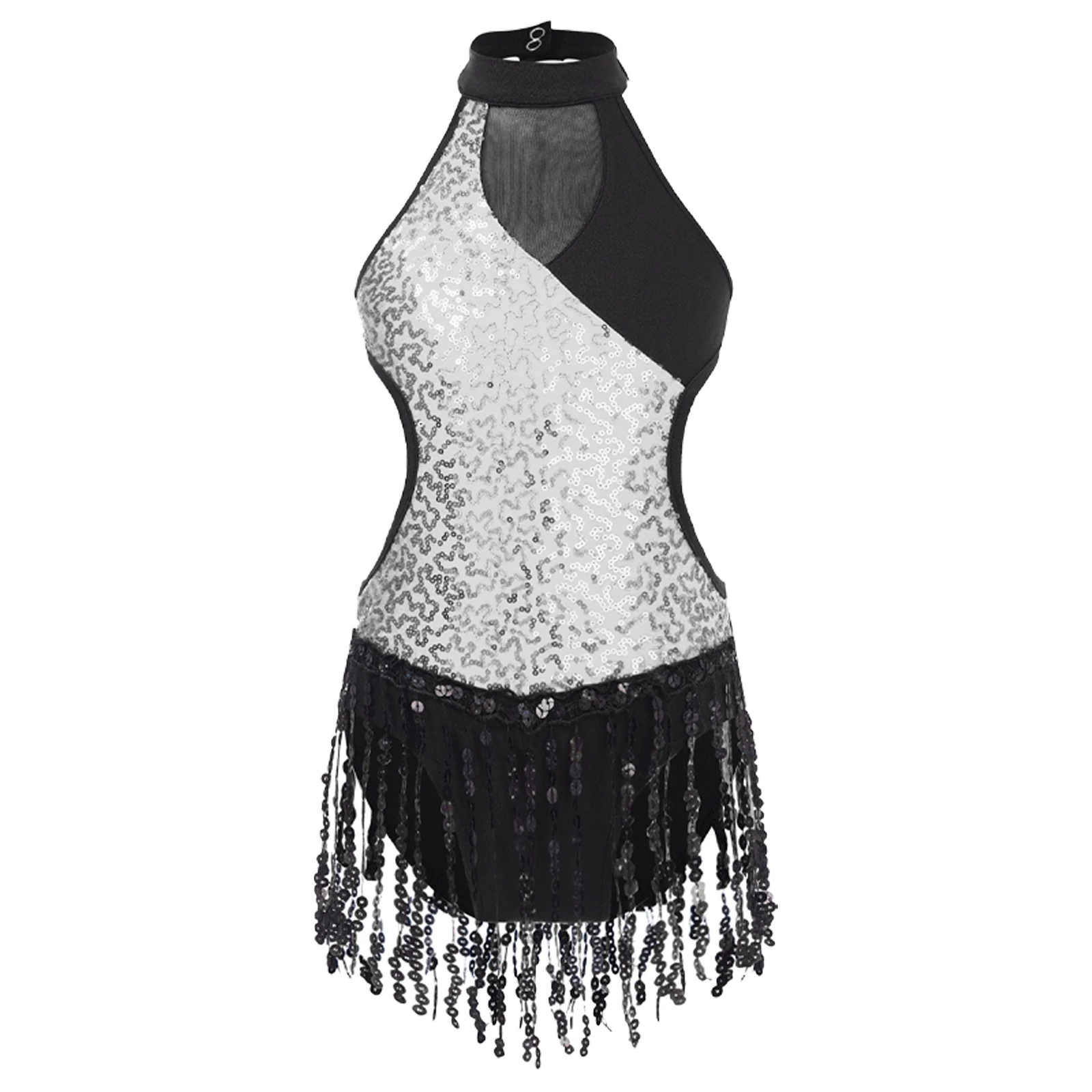 Kids Girls Sequins Latin Dance Leotard Color Block Sleeveless Tassels Fringed Bodysuit Costume for Tango Chacha Stage Dancewear