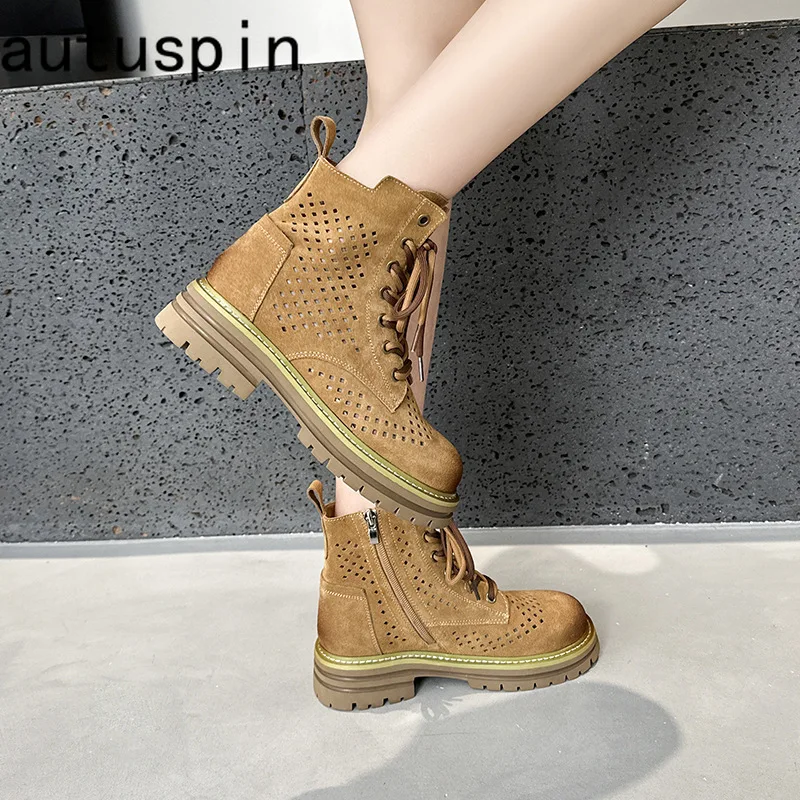 

Autuspin Summer Boots for Women Hollow Design Shoes Breathable Women's Boot Platform Footwear Casual Genuine Leather Work Shoe