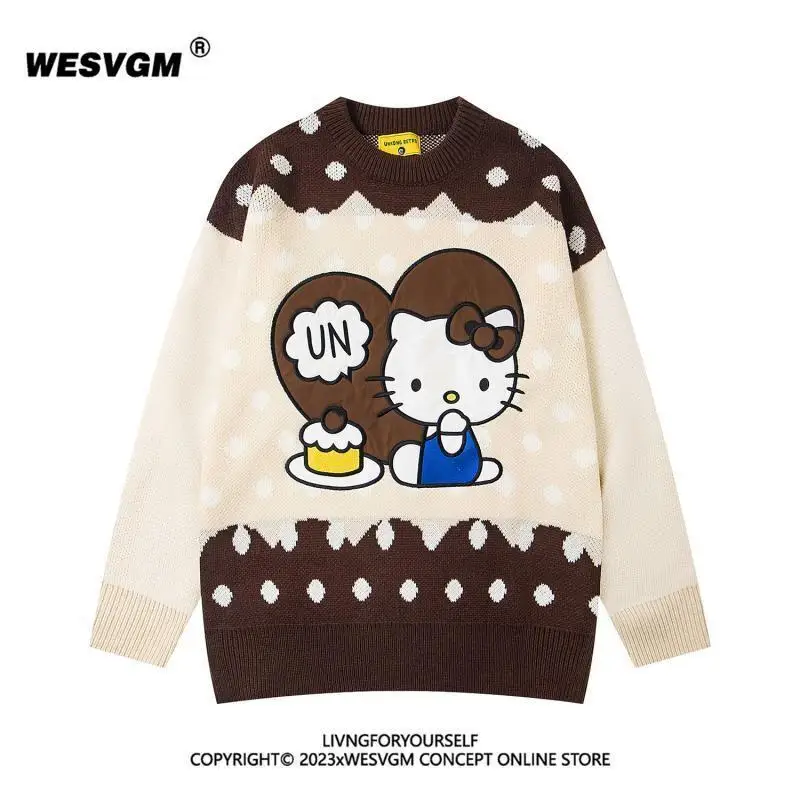 

Sanrio Hello Kitty women's Sweater Knitted Unisex Couple Casual Style Cute Cartoon Embroidery Color Block Round Neck Loose