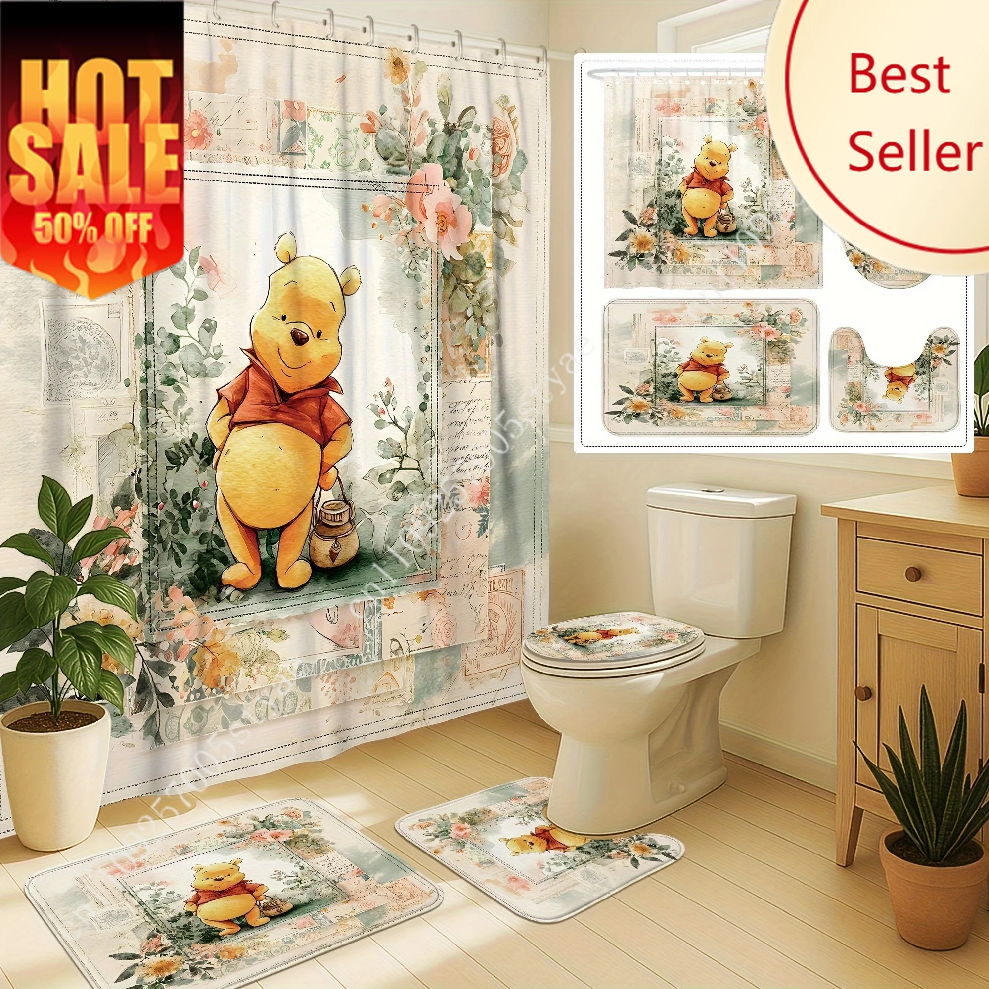 

Winnie The Pooh Shower Curtain Set Disney Cartoon Decoration Gifts Floor Mats Toilet Seat Cover Floral Butterfly Vintage 4pcs