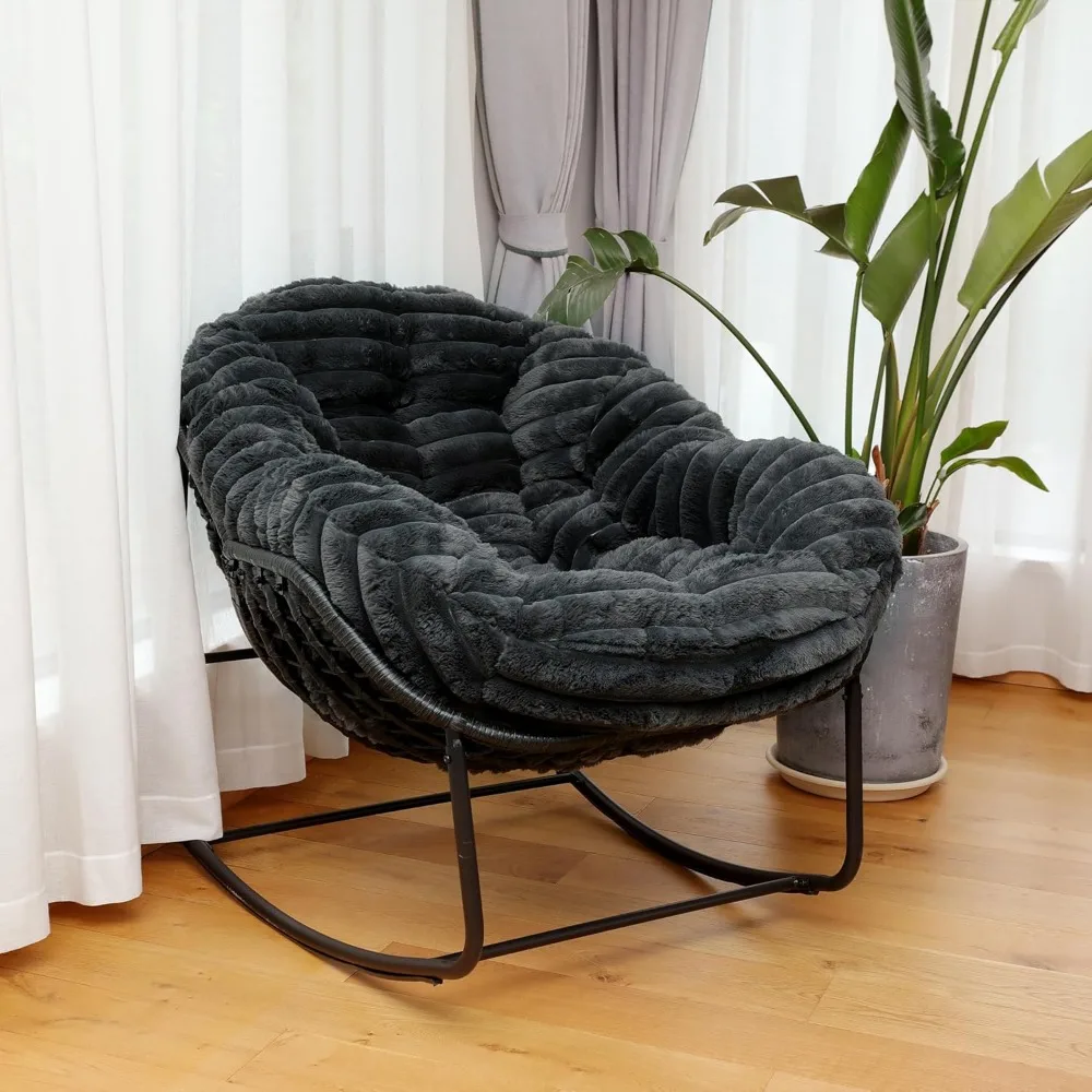 Outdoor Rocking Chair, Patio Wicker Egg Chair, Indoor Comfy Oversized Papasan Chair with Padded Cushion, Royal Rattan Rocker