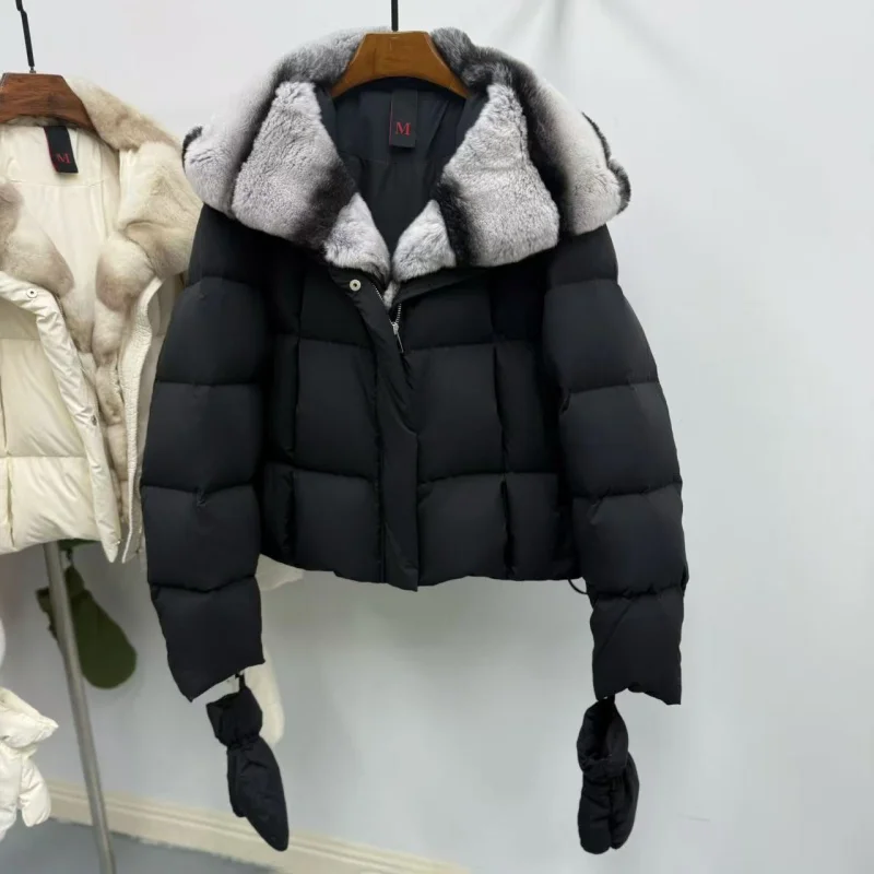 Winter 2025, Damen-Daunenjacke mit Kapuze und großem Pelzkragen, Y2K, hochwertiger, modischer, lässiger, dicker, warmer Gänsedaunenmantel mit Handschuhen