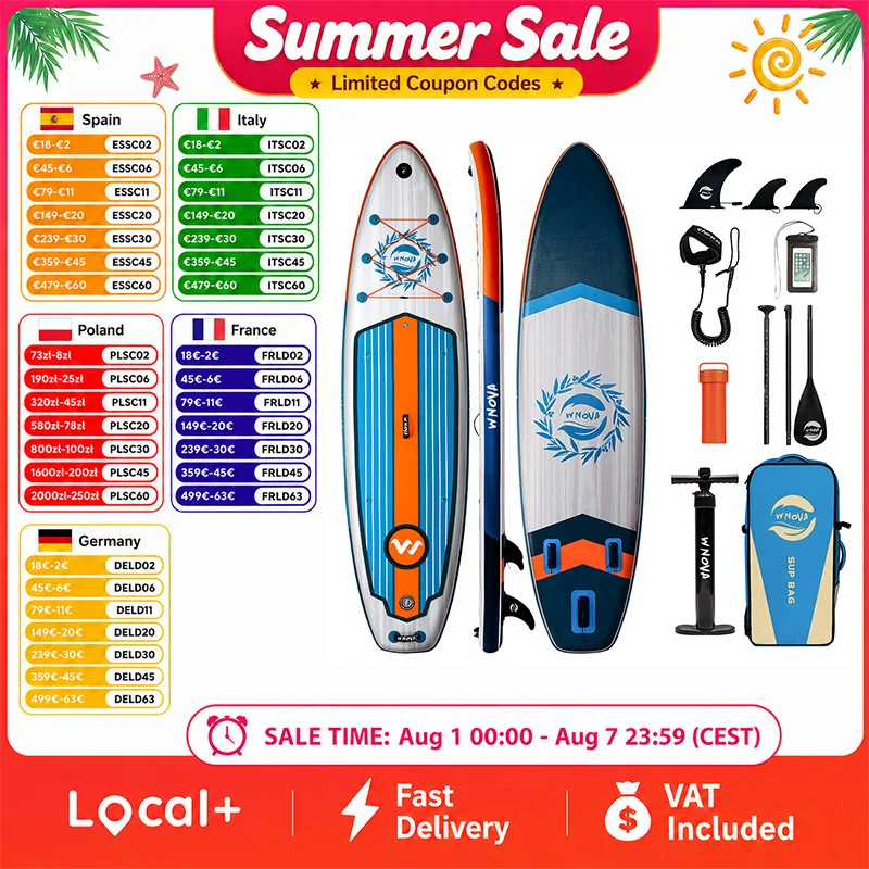WNOVA Planche de paddle gonflable 335x86x15cm, planche de surf SUP large avec une charge maximale de 190 kg pour 2-3 personnes, avec pagaie réglable, pompe, 3 ailerons, laisse, sac à dos et sac étanche pour téléphone, planche de paddle stable pour débutants, famille, yoga, pêche et tourisme