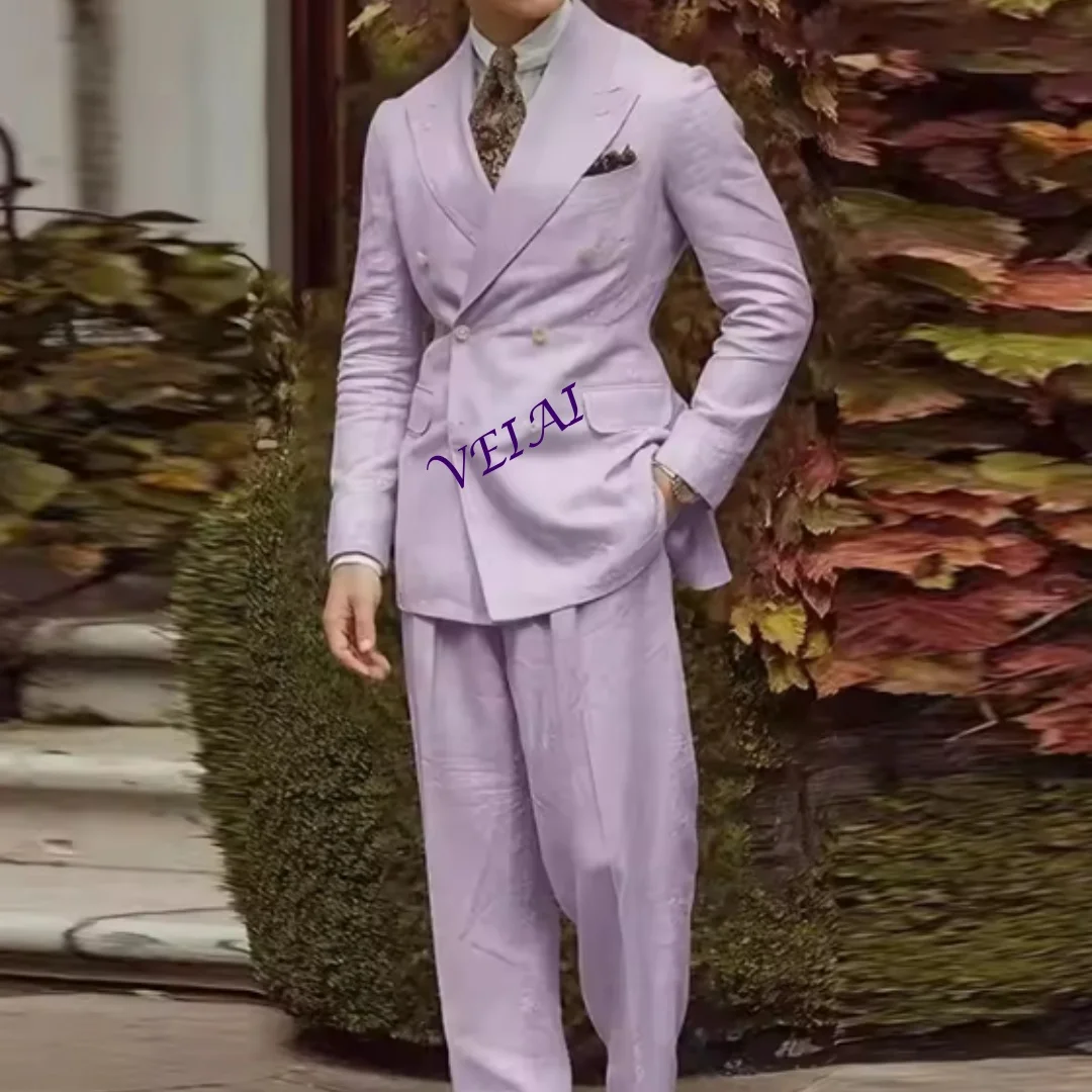 

Classic khaki men's 2-piece suit with peak lapel double-breasted slim fit clothes for wedding prom party, made to measCustomized