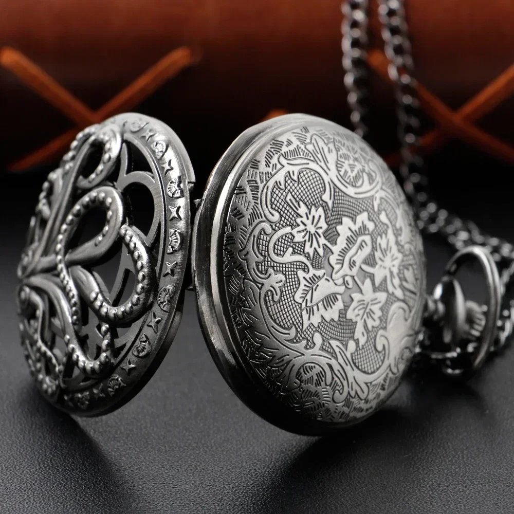 นาฬิกาพกควอตซ์ดิจิตอลสไตล์สตีมพังก์สีดำรูปปลาหมึกยักษ์ พร้อมสร้อยคอแบบจี้ สำหรับผู้หญิงและผู้ชาย เหมาะเป็นของขวัญ