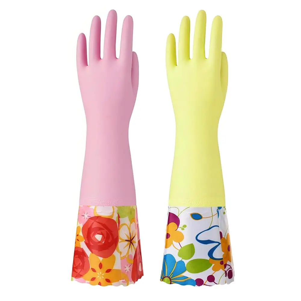 

Free Shipping 2 Pairs Rubber Cleaning Gloves, Household Kitchen Dishwashing Gloves with Cotton Flocked Liner, Long Cuff 16 Inche
