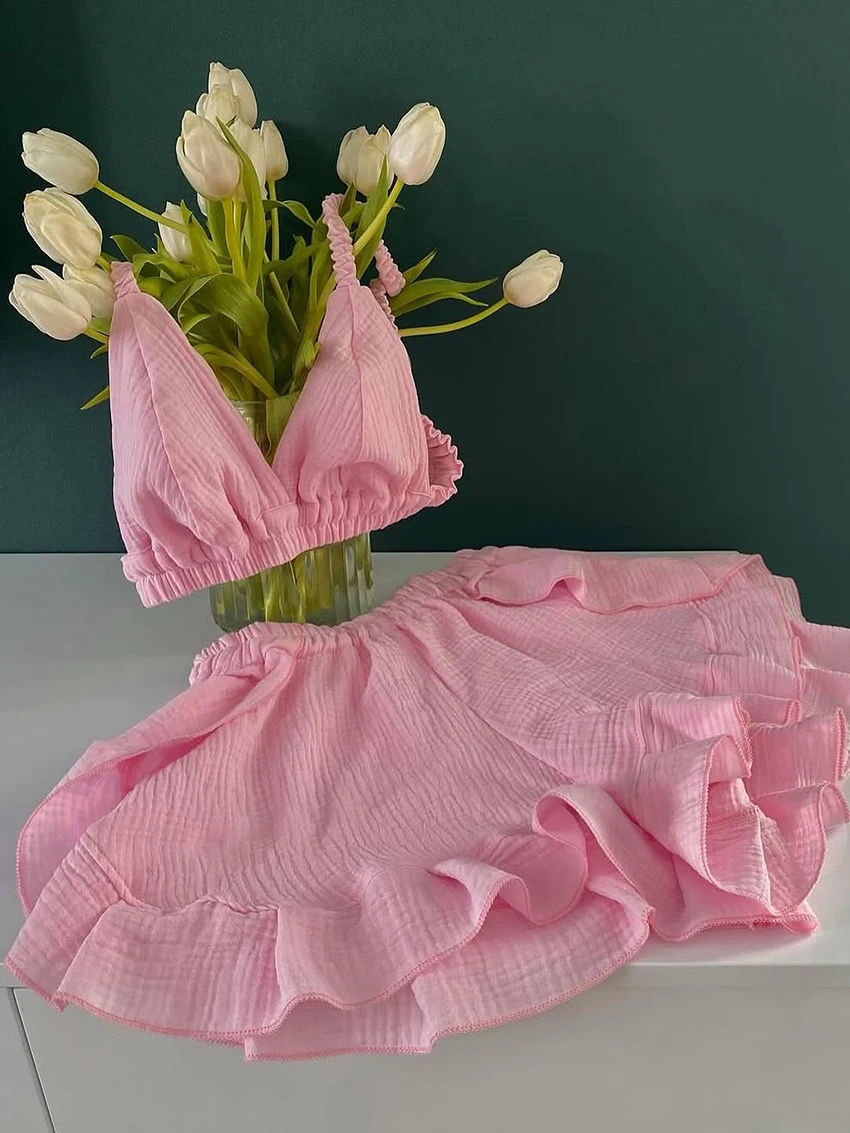 Marthaqiqi Pink Cotton Women Sleepwear Suit Tank Top Pajama Crop Top Pyjama Spaghetti Strap Nightwear Shorts Home Clothes Ladies