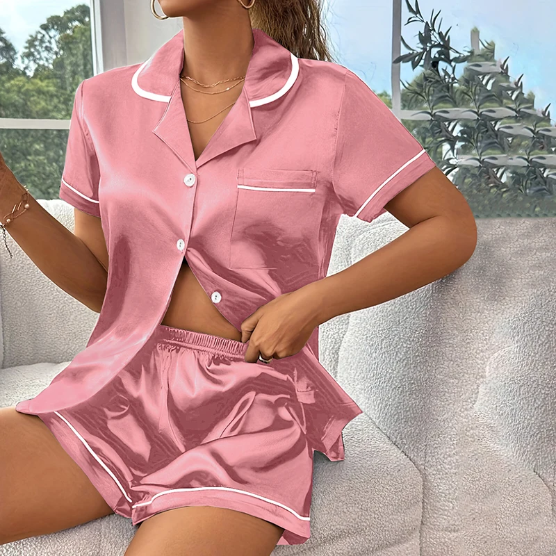 Women\'s Satin Pajama Pj Set Summer Short Sleeve Buttons Lapel Top & Shorts Pajamas 2 Piece Comfortable Relaxed Fit Home Clothes