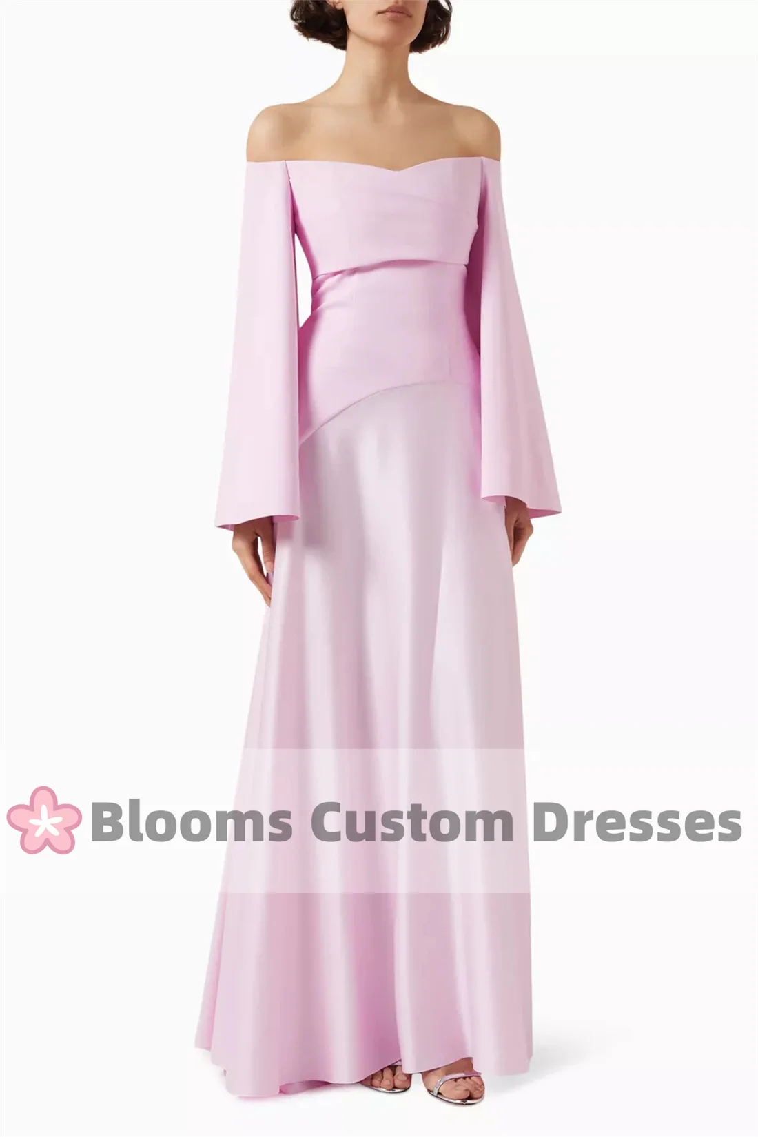 Blooms Customized Prom Dresses Off Shoulder Pink Evening Dress For Women Long Sleeves Saudi Arabia Formal Wedding Party Dress