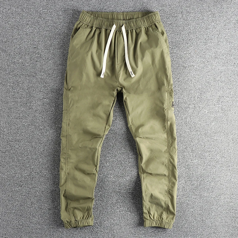 Spring And Summer New American Retro Woven Twill Elastic Waist Cargo Pants Men's Washed Loose Straight  Casual Trousers