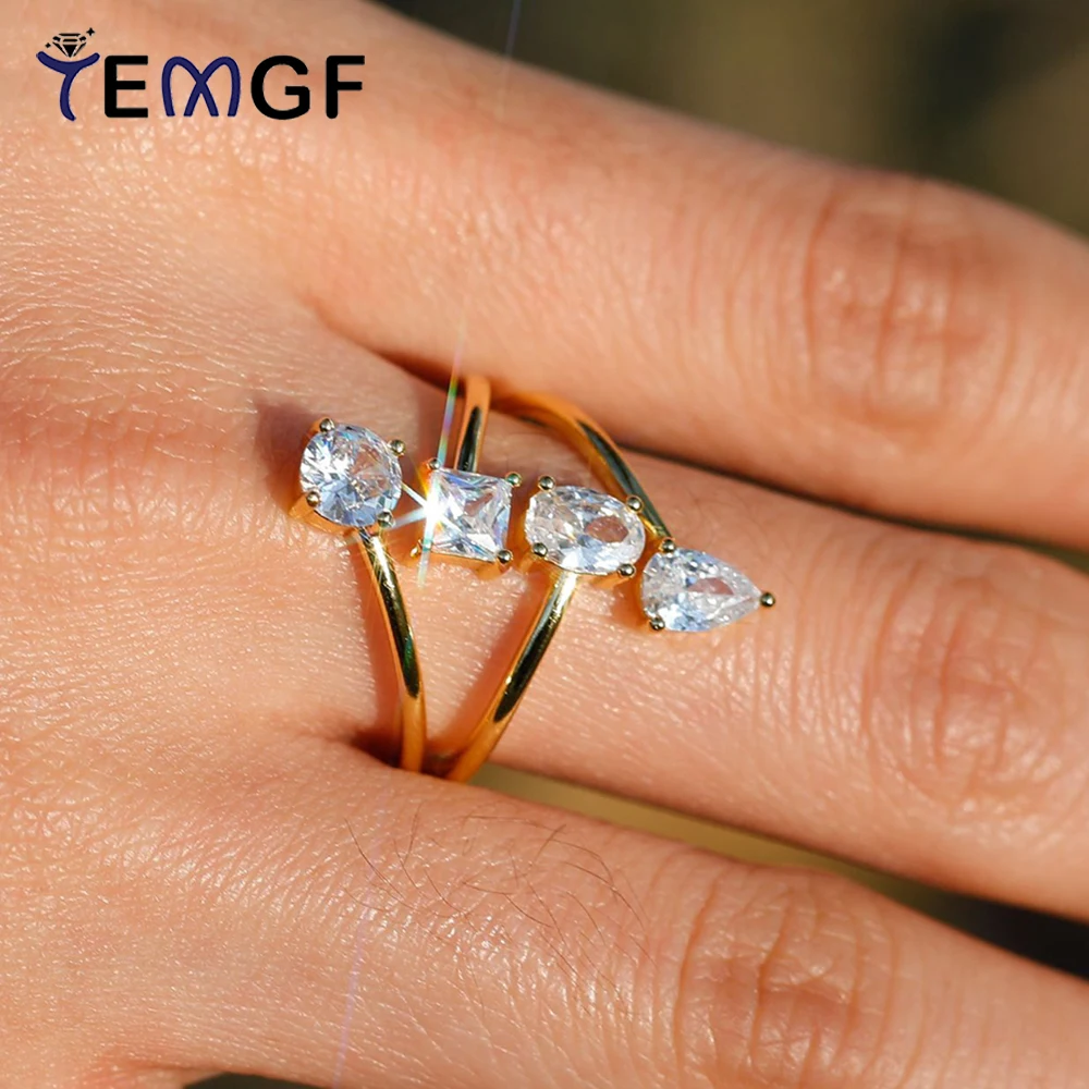

Женское кольцо с муассанитом TEMGF, серебряное кольцо 925 пробы, золото 18 карат, открытое кольцо, разноцветное D, вечерние блестящие украшения с сертификацией
