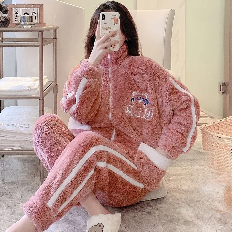 

2024 New Winter Pajamas Women Warm Sleepwear Velvet Padded Coral Velvet Loungewear Plus Size Zipper Flannel Warm Homewear Suit