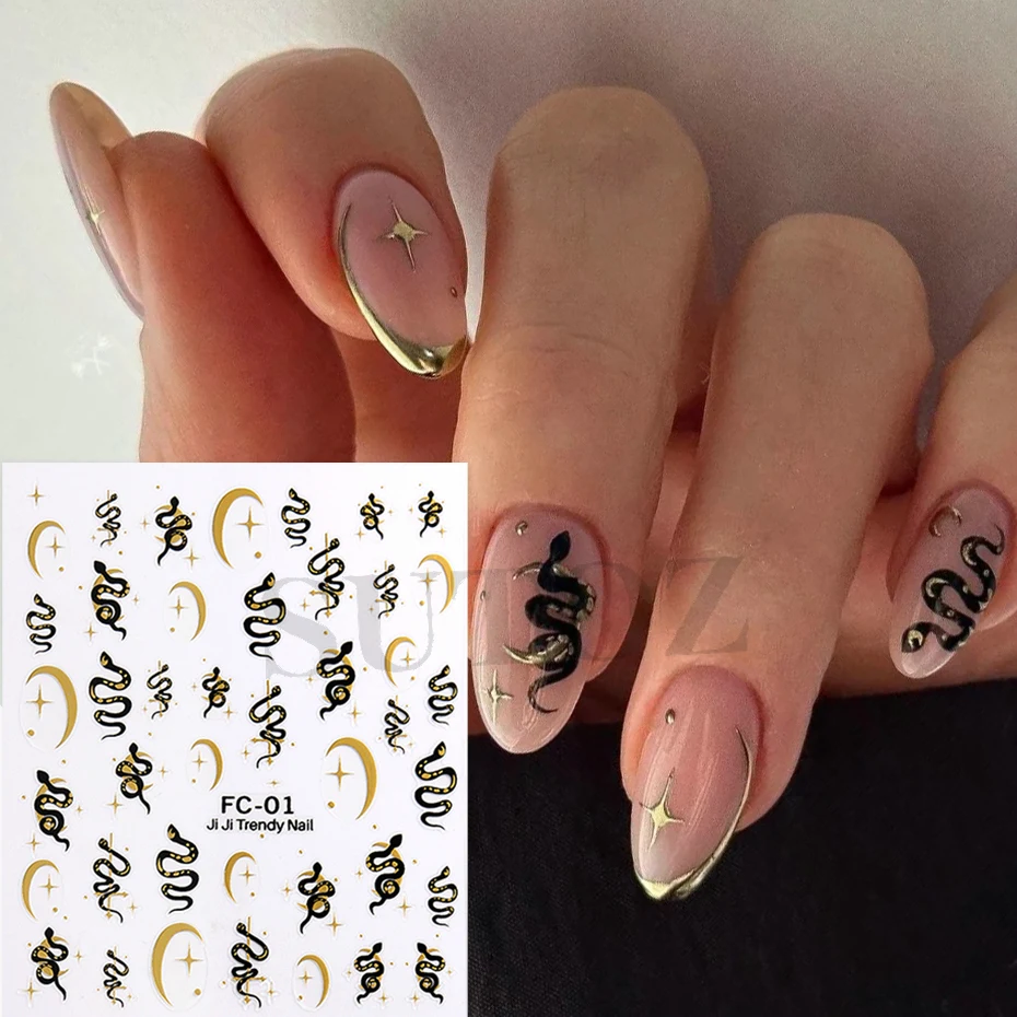 2025 NEW Year Snake Nails Stickers Black Green Red Snakes Sword Gilding Moon Star Design Retro INS Manicure DIY Decoration #FC01