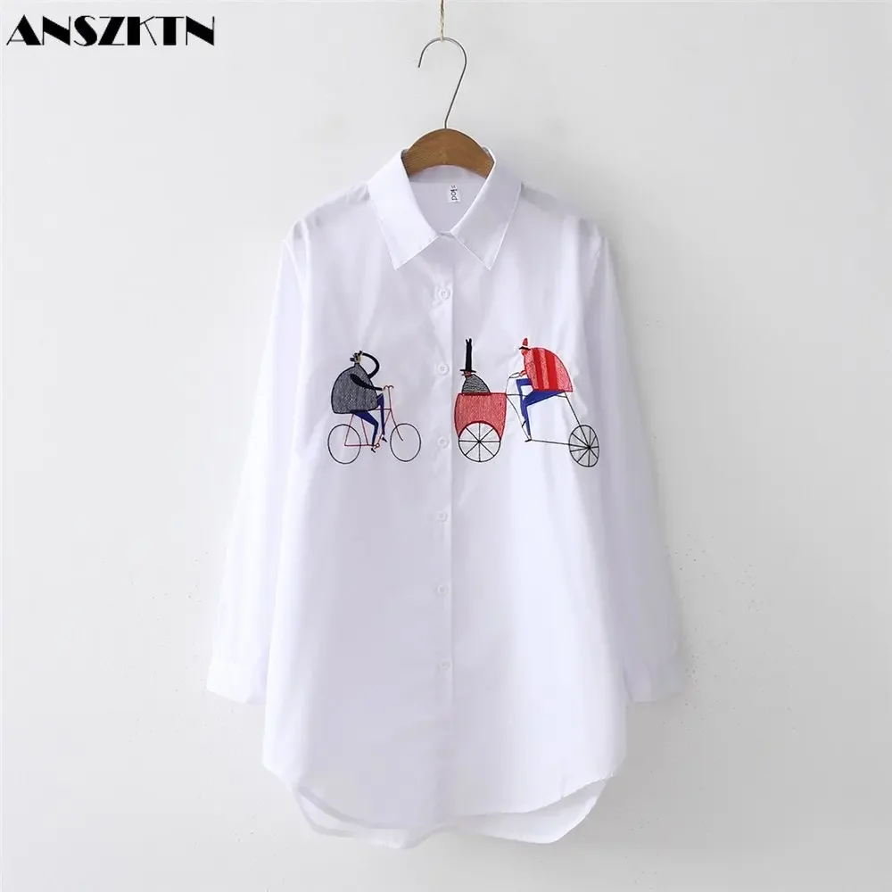 embroidered white shirt vintage BF long sleeved shirt medium length women