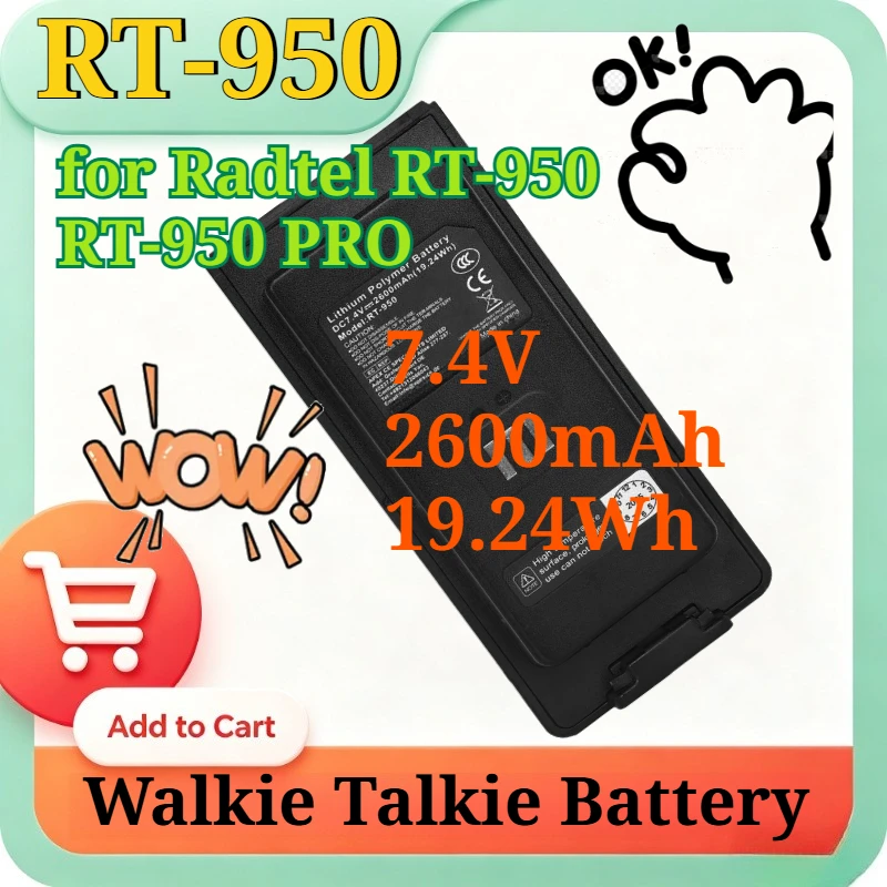 7.4V 2600mAh Li-Po Battery Built-in Type-C Charging Compatible with Radtel RT-950 RT-950 PRO Walkie Talkie Replacement Battery