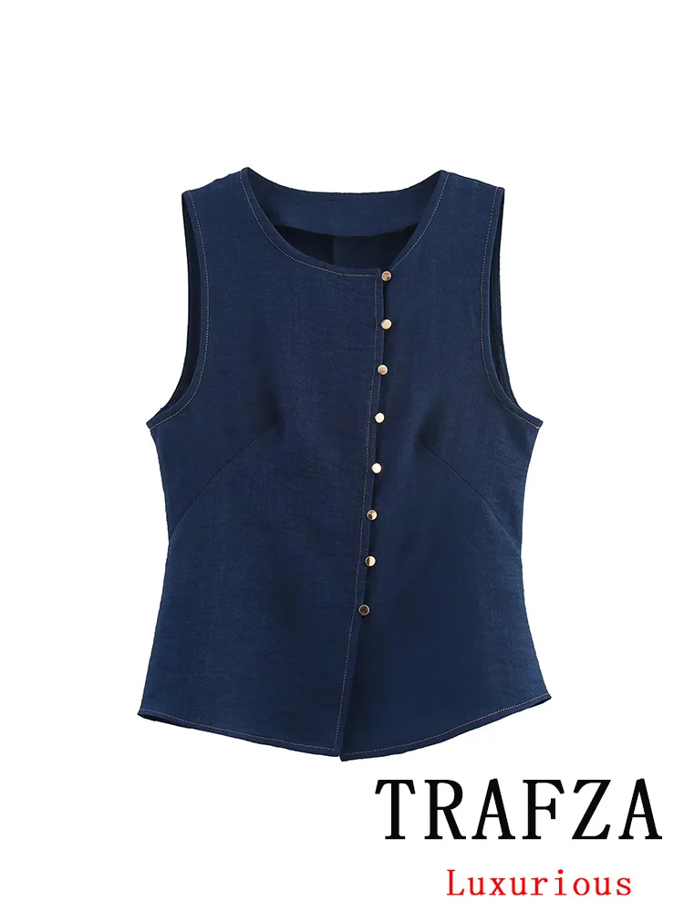 

TRAFZA Vintage Casual Chic Women Tops Solid O-Neck Single Breasted Sleeveless Vest Fashion 2025 Summer Autumn Holiday Female Top