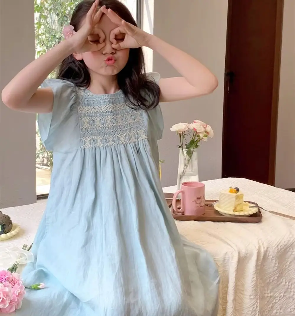 

Детская одежда для девочек, детское милое платье во французском стиле, платье с летящими рукавами и ручной вышивкой, летнее платье